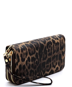 Leopard Double Zip Around Wallet Wristlet LE0012 BROWN